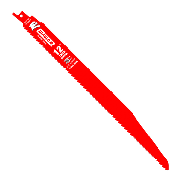 The DIABLO DS1208BFD5 is a red 12-inch bi-metal reciprocating saw blade for thick metal demolition (3/16 in. to 9/16 in.) with a pointed tip, large serrated edges, and an ultra-hardened cutting edge for durability. Branding and specifications are printed in white on the blade. Comes in a 5-pack.
