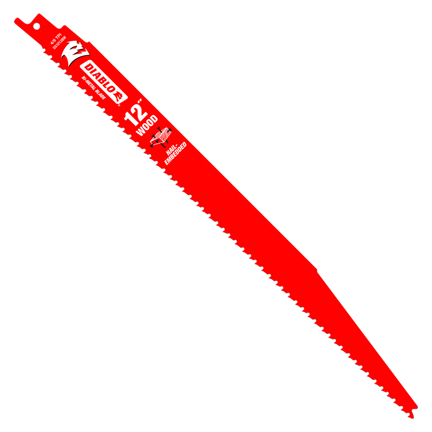 Image of a Diablo DS1212BW5 12-inch bi-metal reciprocating saw blade with red Perma-SHIELD® coating, teeth on one edge, and brand logos near the flat end against a black background; designed to cut nail-embedded wood effortlessly.