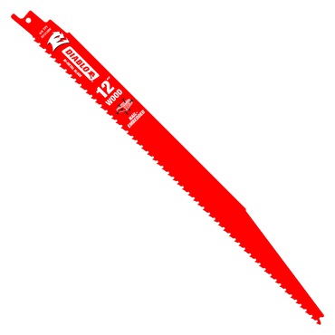 Image of a Diablo DS1212BW5 12-inch bi-metal reciprocating saw blade with red Perma-SHIELD® coating, teeth on one edge, and brand logos near the flat end against a black background; designed to cut nail-embedded wood effortlessly.