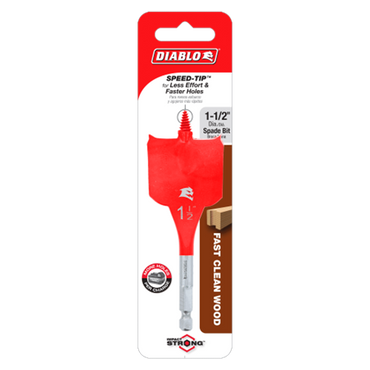 The DIABLO DSP1090 1-1/2 in. x 4 in. Spade Bit for Wood comes in a red design featuring SPEED-TIP™ for efficient, fast, and clean drilling with less effort. Its Impact Strong™ cardboard backing showcases product details and Diablo branding.