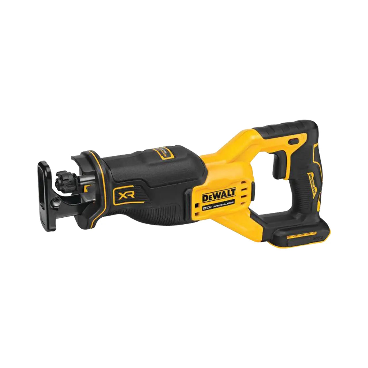 A yellow and black Go Build 20V MAX XR cordless brushless reciprocating saw (tool-only) with a pistol-grip handle, exposed blade mount, and branded label, shown isolated on a white background.