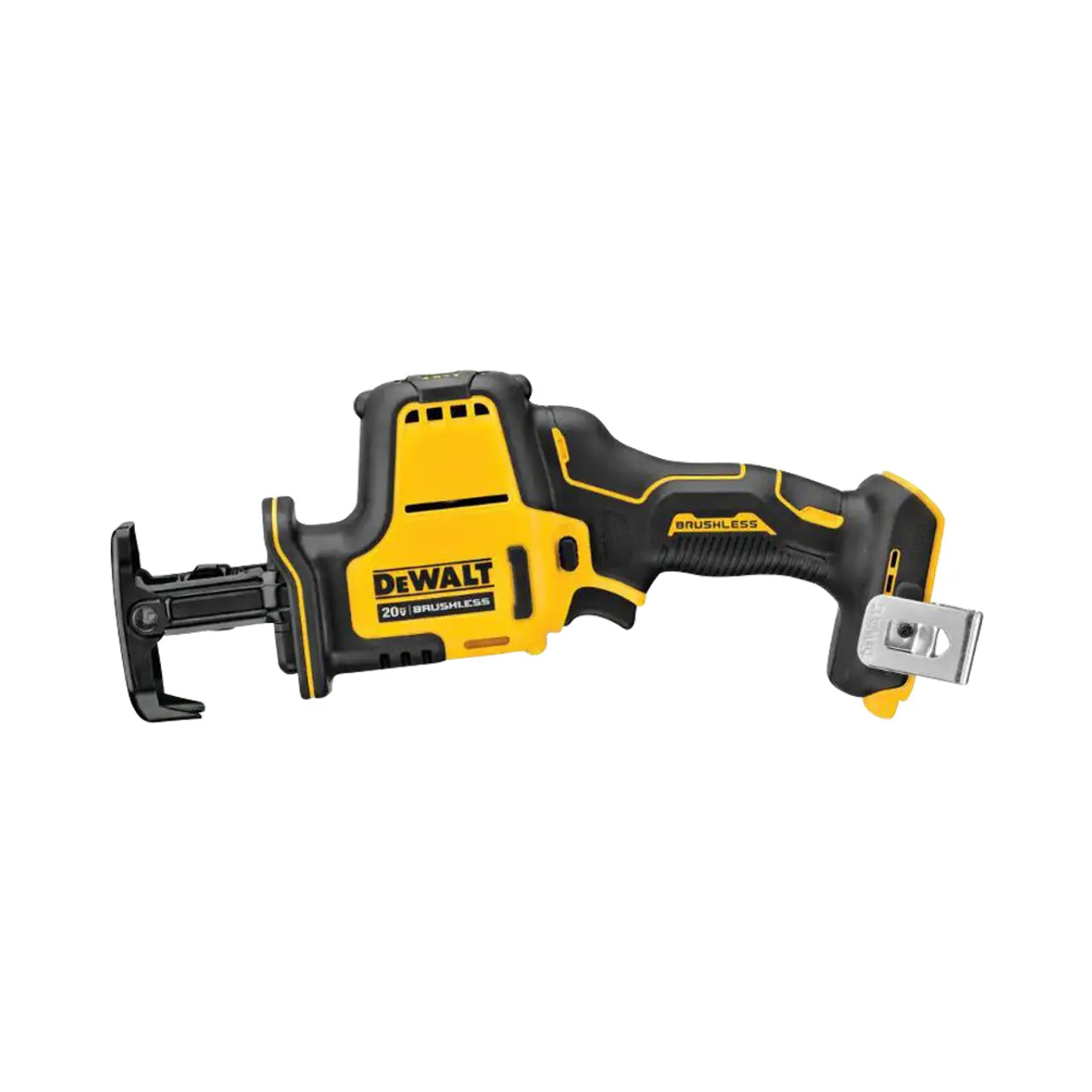 A yellow and black Go Build ATOMIC 20V MAX Cordless Brushless Compact Reciprocating Saw (Tool-Only), with visible branding and no blade attached, isolated on a white background.