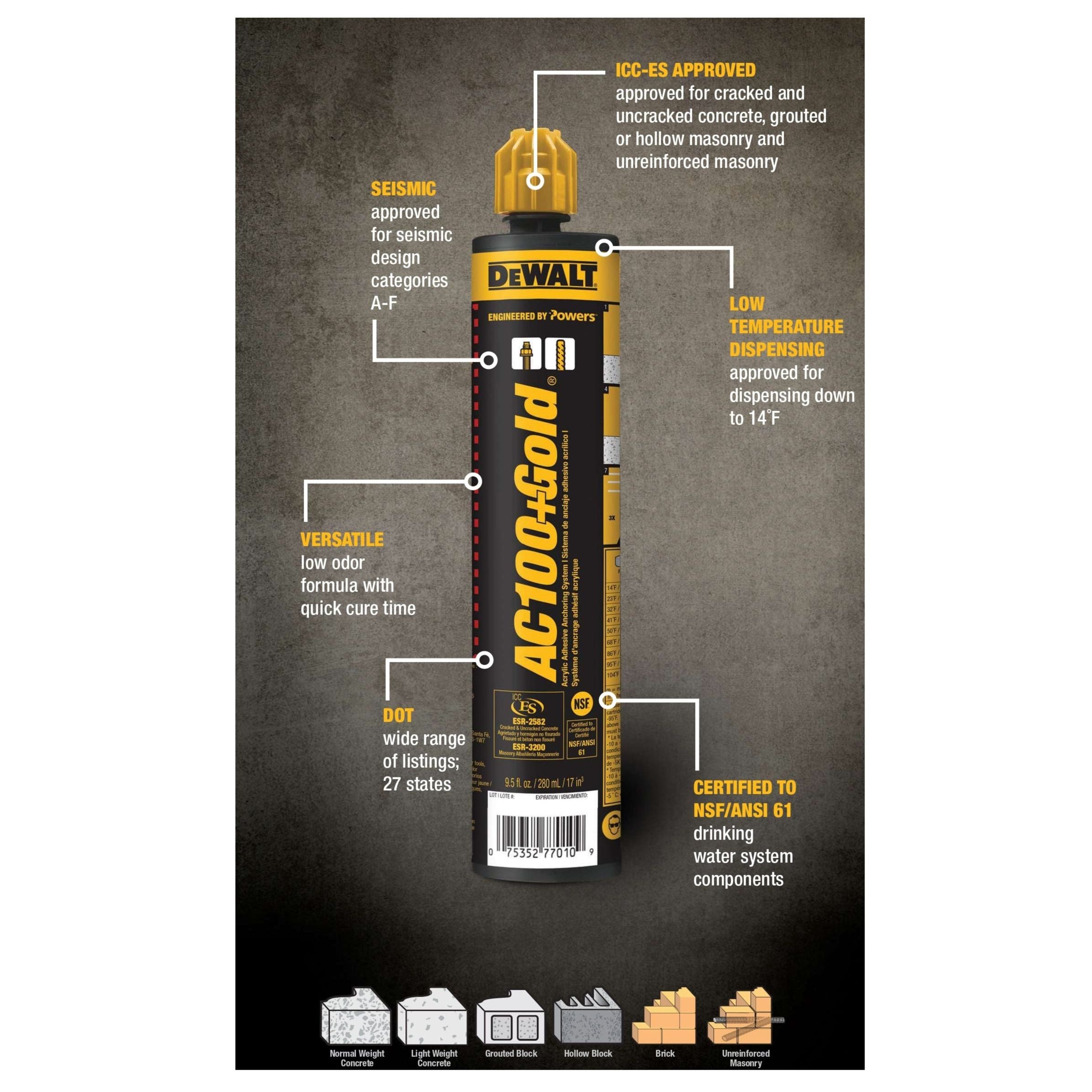 The image shows a DEWALT 8578SD-PWR AC100+ Gold Injection Adhesive in black and yellow packaging, with seismic approval and low-temperature dispensing. This DOT-certified system is great for masonry and concrete applications using threaded rods.