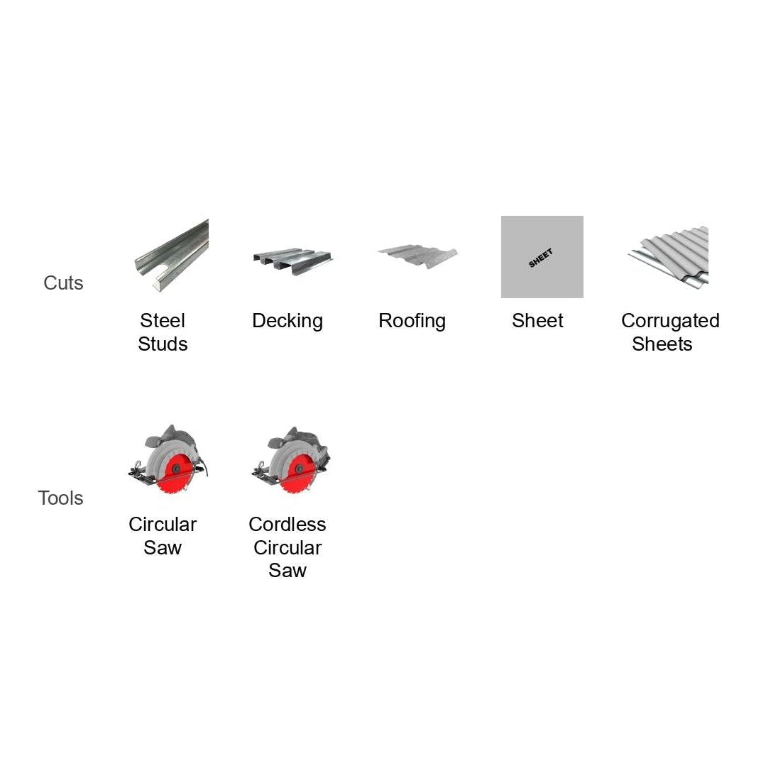 Illustration featuring cut materials and tools: steel studs, decking, roofing, and corrugated sheets. Highlighted tools include a circular saw with Diablos Steel Demon™ Saw Blade for very thin mild steels and a cordless circular saw with Triple Chip Grind technology.