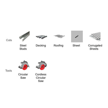 Illustration featuring cut materials and tools: steel studs, decking, roofing, and corrugated sheets. Highlighted tools include a circular saw with Diablos Steel Demon™ Saw Blade for very thin mild steels and a cordless circular saw with Triple Chip Grind technology.
