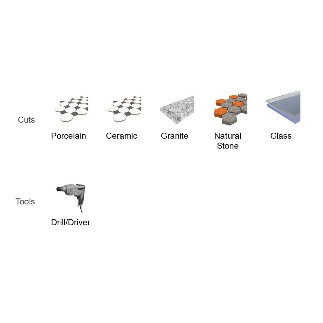 Diagram showing materials and a tool. Top row: images labeled Cuts feature porcelain, ceramic, granite, natural stone, glass. Bottom row: labeled Tools, image shows Diablo DIABLO DMANSP1070S with hex shank and multi-ground carbide-tipped drill bit.