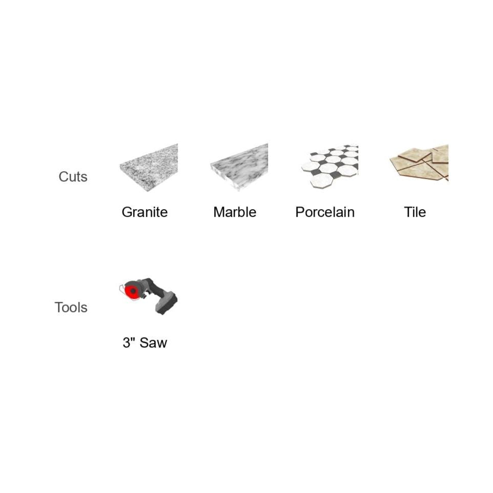 Diagram showing materials and a tool. Top row: four labeled images of materials from left to right are granite, marble, porcelain, and tile. Bottom row: image of Diablo DIABLO DMADC0300 3-inch Diamond Continuous Rim Masonry Cut-Off Disc under Tools, ideal for precise masonry cuts.