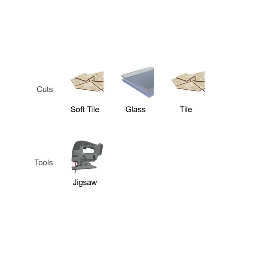 An illustration showcases the Diablo DIABLO DJT130RF 3-1/4 in. Carbide Grit Jig Saw Blade for cutting Soft Tile, Glass, and Tile with precision. This tool features Perma-SHIELD® coating for durability, making it perfect for any project.