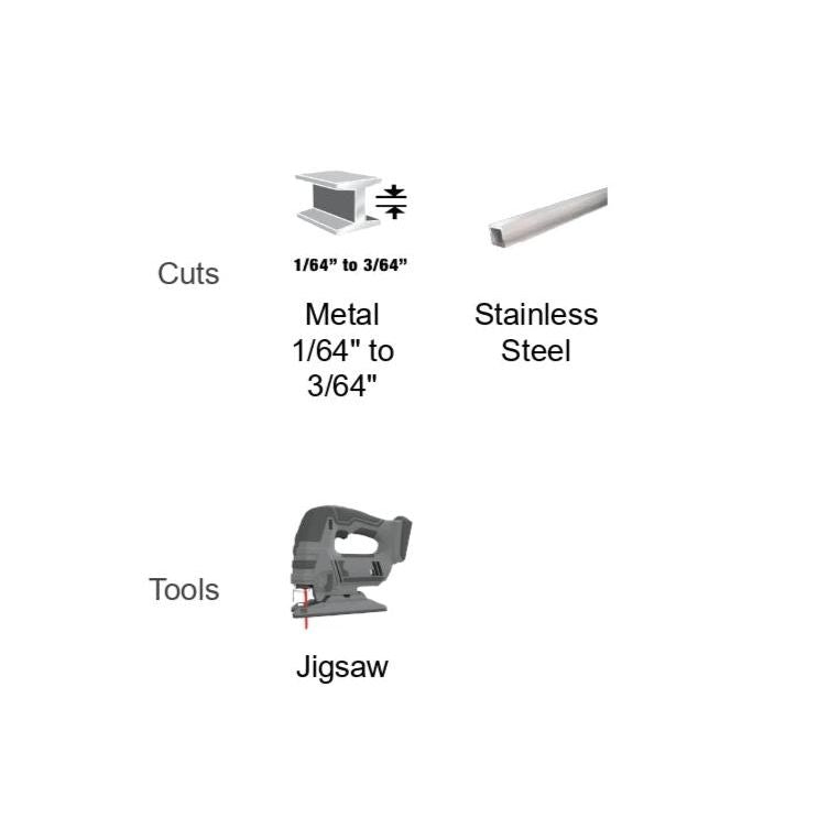 Image with text detailing tool specifications. Top left: Cuts Metal 1/64 to 3/64. Top right: Stainless Steel with Perma-SHIELD® non-stick coating. Bottom: Illustration of DIABLO DJT118AHM Jig Saw Blade labeled Tools Jigsaw, featuring T-shank design for enhanced stability.