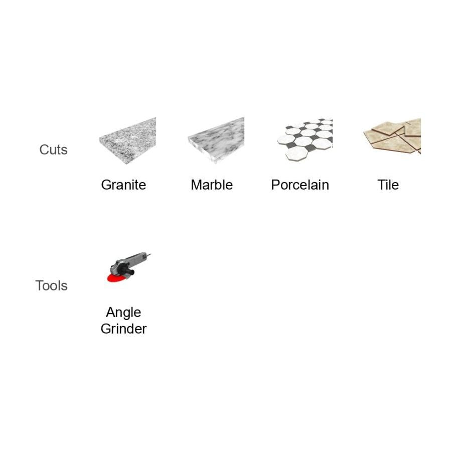 A diagram showcasing various materials and a tool. Top row: images of granite, marble, porcelain, and tile labeled Precise Cuts. Bottom row: a Diablo angle grinder fitted with a DIABLO DMADC0450 4-1/2 in. Diamond Continuous Rim Masonry Cut-Off Disc for masonry cutting labeled Tools.