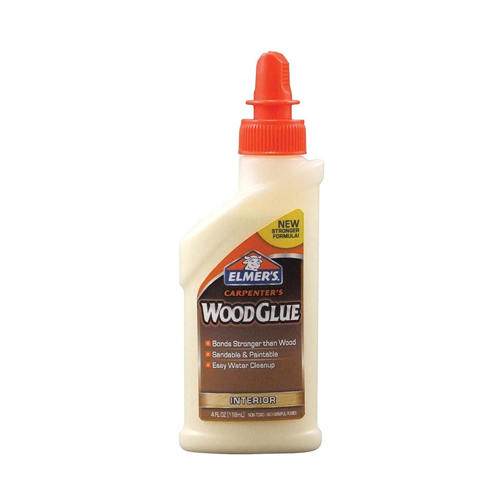 Elmer's Carpenter’s Wood Glue – 4 oz features a yellow label and orange cap, offering strong bonds, sandability, paintability, and easy water cleanup—perfect for interior woodworking projects.