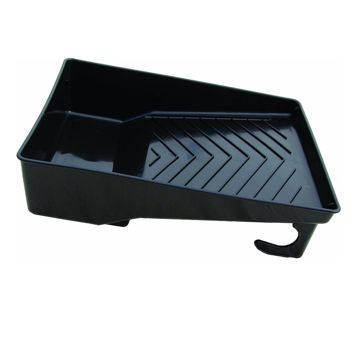 The ENCORE 1130961 Black Plastic Paint Roller Tray from Go Build, The Fastest Way To Build, is a heavy-duty option with a textured surface and an attached handle. Designed for use with a 9 in. paint roller, this deep well tray ensures easy application and minimal mess.