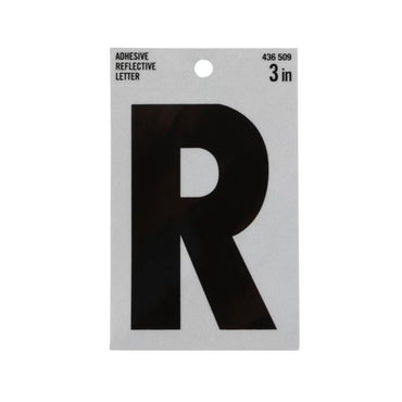 The image shows a single 3-inch adhesive reflective letter R in black, from the EVERBILT Vinyl Reflective Letters series by Simpson Strong-Tie. It promotes visibility and safety. The plain packaging features a top label with item number 436 509.
