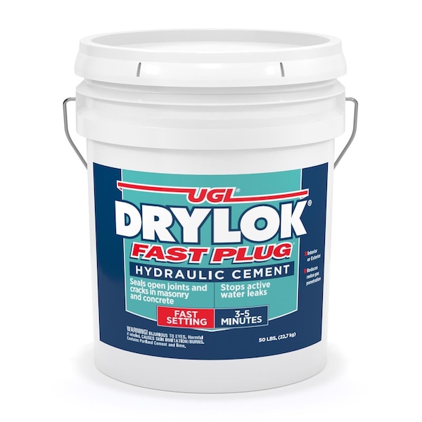 The DRYLOK 00930 Fast Plug Hydraulic Cement, weighing 50 lbs, comes in gray with a blue label. It sets in 3-5 minutes and is perfect for sealing cracks in masonry and concrete to stop water leaks quickly.