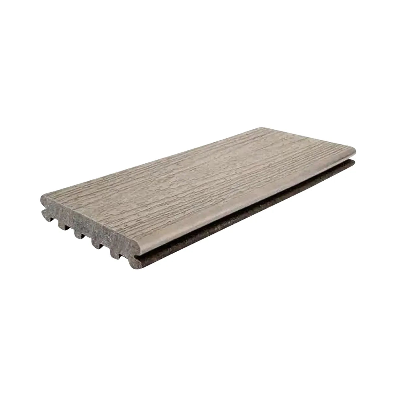 The Go Build 1 in. x 6 in. x 16 ft. Composite Deck Board Grooved Edge in Rocky Harbor is shown on a white background, displaying its light brown, rectangular shape and wood-like texture.