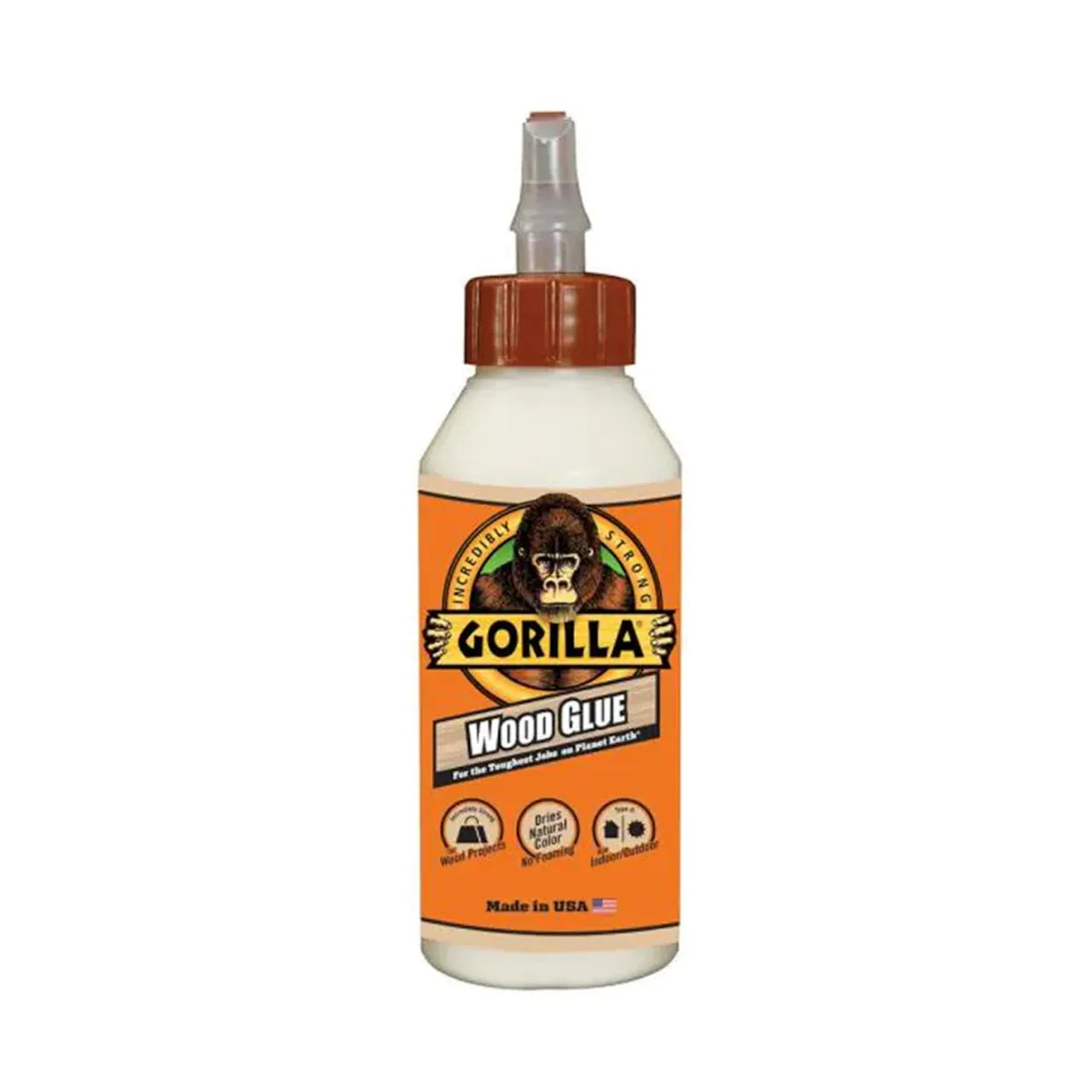 A 9 oz. bottle of Go Build Fuze It Max Interior/Exterior All-Purpose Adhesive in tan, featuring a pointed nozzle cap and label promoting versatility for wood projects and general use, from The Fastest Way To Build brand.