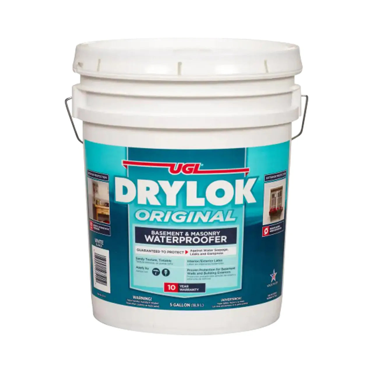 A 5-gallon white bucket of Drylok Original Interior/Exterior Basement and Masonry Waterproofer - White Flat Latex features a blue and teal label, metal handle, front product details, and offers reliable latex-based masonry sealing.