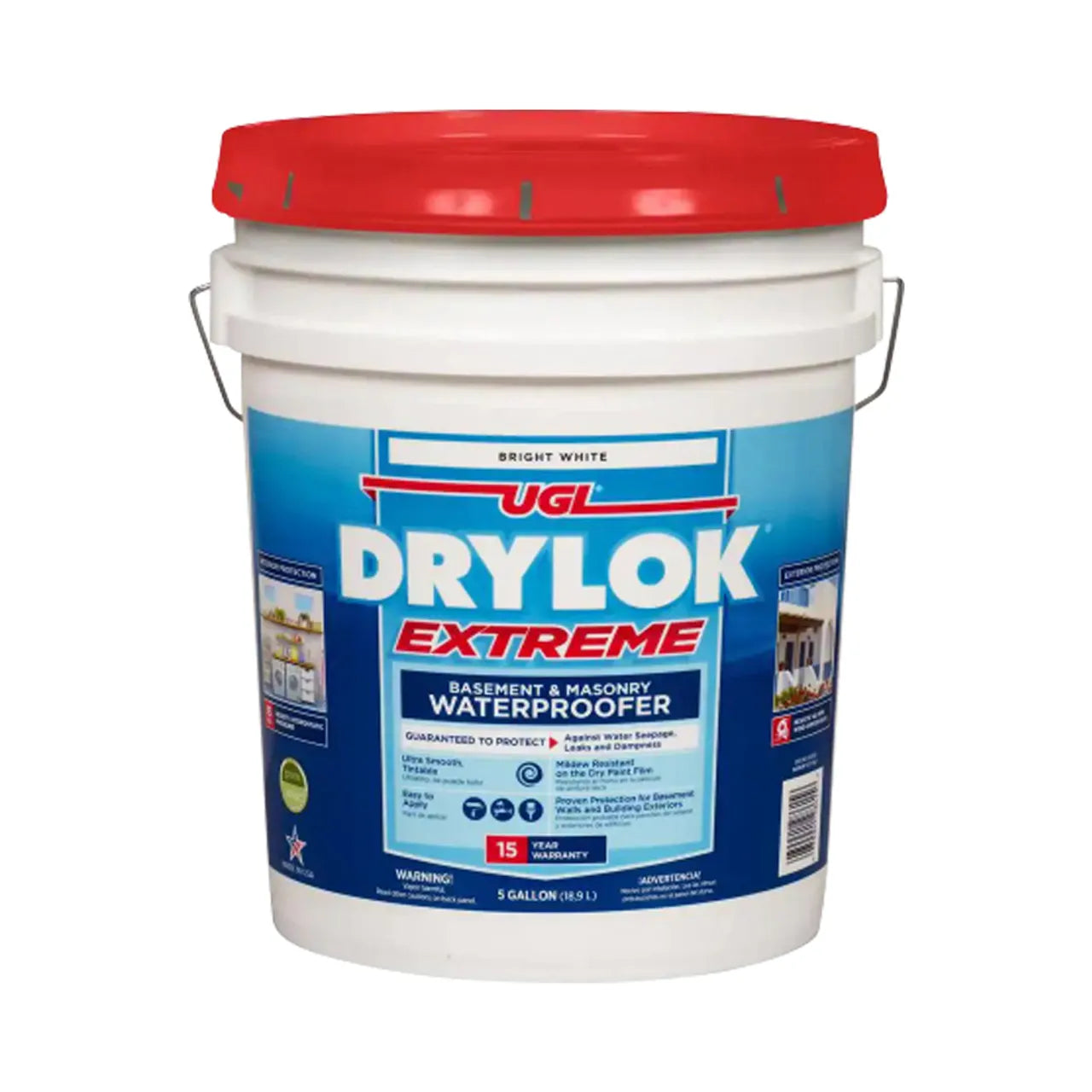 A 5-gallon bucket of Go Build Extreme Basement and Masonry Waterproofer in bright white flat latex offers 15-year waterproofing, with interior/exterior use details on the blue label and a red lid for easy identification.