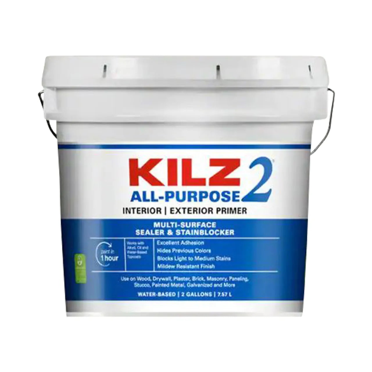 A white 2-gallon Go Build ALL PURPOSE Interior/Exterior Multi-Surface Primer, Sealer, and Stain Blocker features blue and red text on its label, highlighting powerful stain-blocking for multiple surfaces.