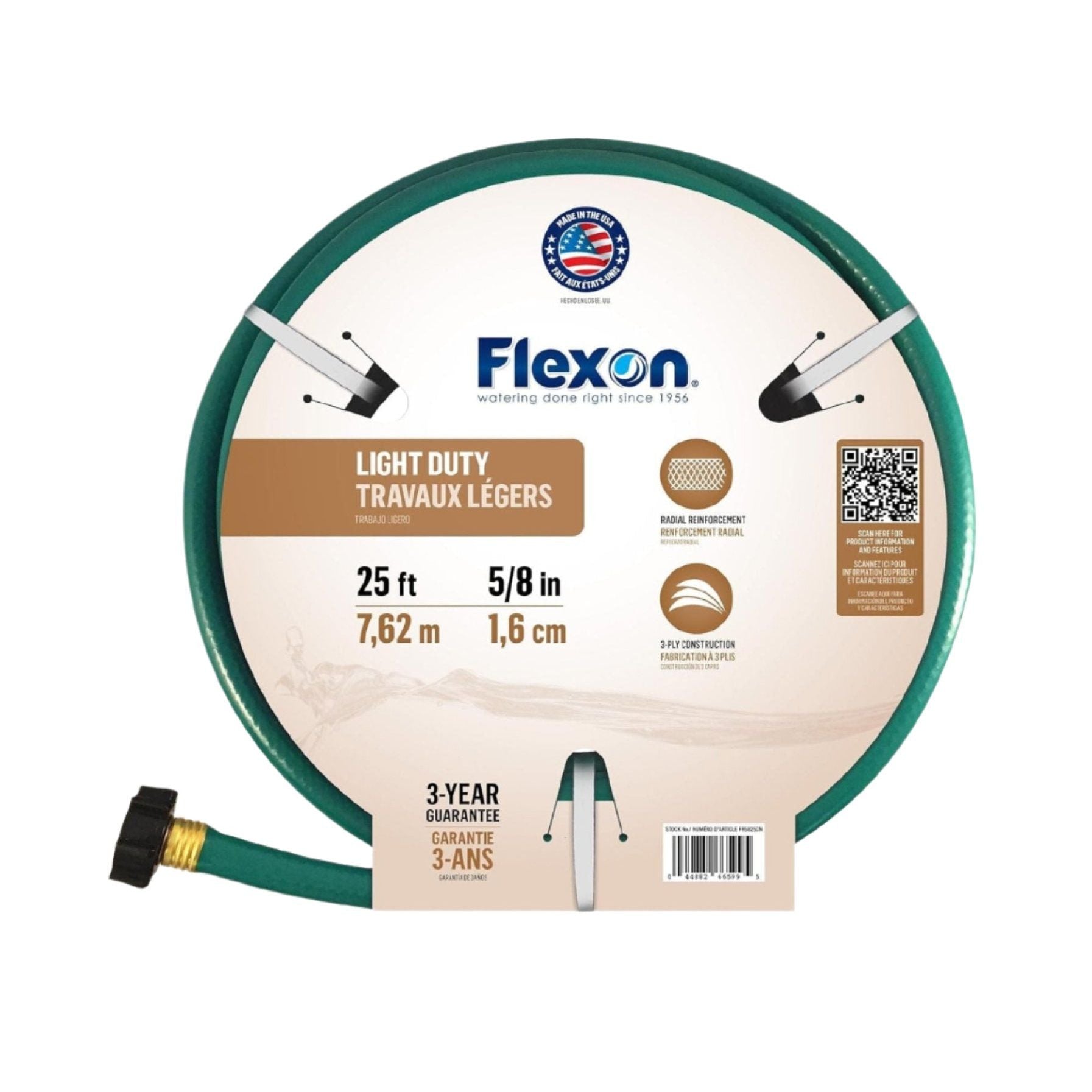 The FLEXON FR5825CN 5/8 in. x 25 ft. garden hose features a green coil design with durable brass connectors, labeled Light Duty in English and French. It offers flexibility for easy use, a 3-year warranty, and an American flag on the packaging against a white background.