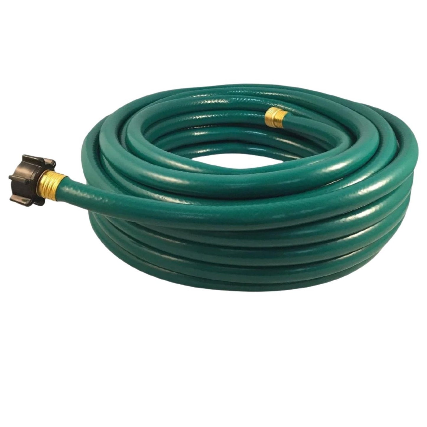 The FLEXON FR5825CN 5/8 in. x 25 ft. 3-Ply Light Duty Garden Hose, featuring durable brass fittings and a flexible design, is coiled on a white background.