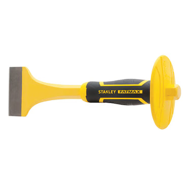 The 3 IN STANLEY® FATMAX® Floor Chisel with Guard features a wide blade, ergonomic handle, and large hand guard—perfect for tough tile removal or demolition tasks.