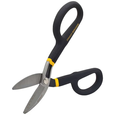 The 10 IN STANLEY® FATMAX® All-Purpose Tin Snips feature black and yellow handles and stainless steel blades, shown open against a white background—perfect for precise sheet metal cutting.