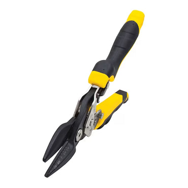 The STANLEY® FATMAX® STRAIGHT CUT AVIATION SNIP features black cutting blades and yellow-and-black ergonomic handles, designed for sheet metal cutting. Brand: STANLEY. Shown on a white background.
