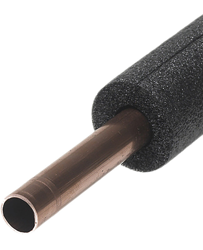 A close-up of Go Build Supply’s 6' PRE-SLIT POLY FOAM PIPE INSULATION (1-1/8" ID) for 1" copper pipes, partially covering the pipe, shown against a white background.