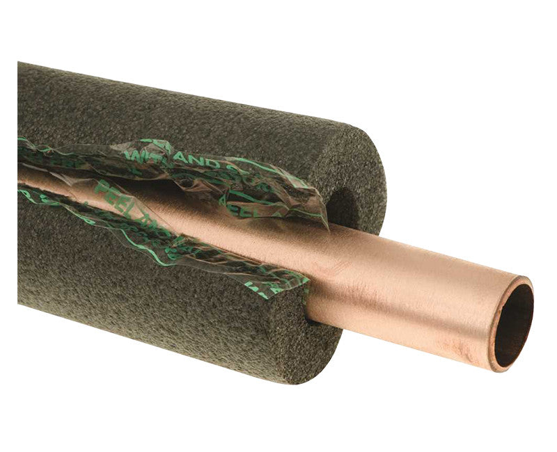 A 6' long, 5/8" ID black foam SELF SEALING PIPE INSULATION for 1/2" copper pipe from Go Build Supply, The Fastest Way To Build, is slit open to show the copper pipe inside.