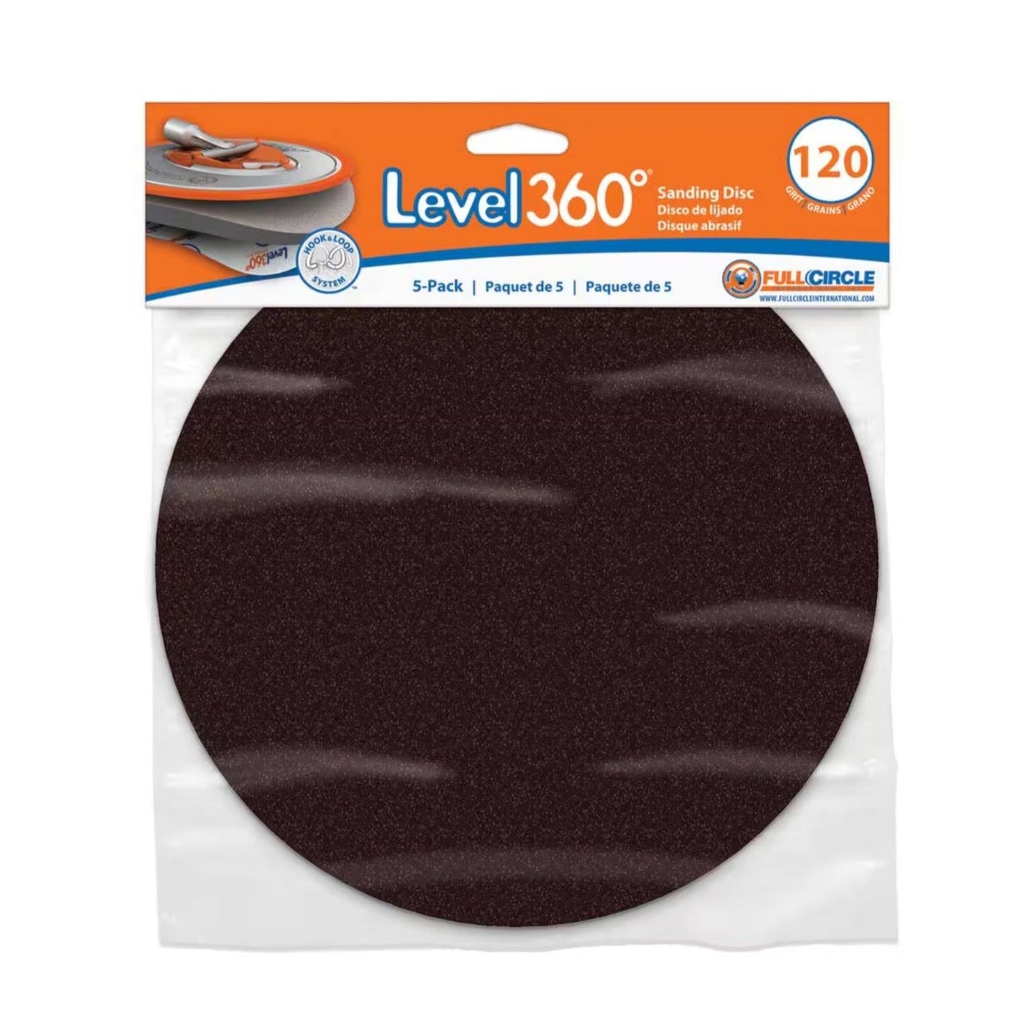 A pack of FULL CIRCLE SD120-5 8-3/4 in. 120 Grit Level 360 Hook & Loop Discs features dual circle technology and a dark, durable aluminum oxide sandpaper texture for efficient work.