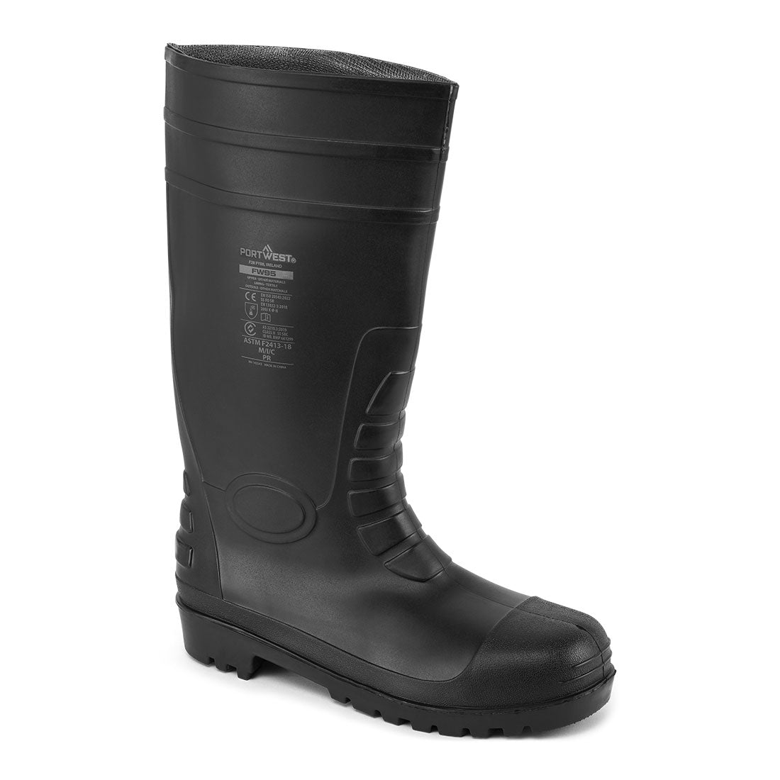The PORTWEST FW95 Total Safety Rain Boot S5 FO by PORTWEST is a black waterproof boot with a textured sole, reinforced toe, and subtle side branding, shown standing upright against a white background.