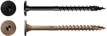 Two Simpson Strong-Tie Strong-Drive SDWS Timber Double-barrier Exterior Construction screws (#12 x 3-in) are shown horizontally: the top is black for wood framing and corrosion resistance, the bottom is bronze; close-ups of their heads appear on the left.