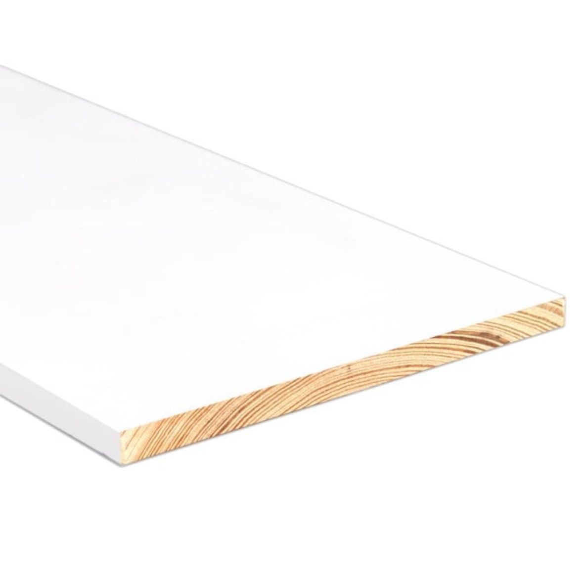 The Go Build 1 in. x 16 in. x 16 ft. FJ Pine Board Primed features a white painted top, exposed wood grain angled edge, and durable finger-jointed pine—ideal for fascia boards.
