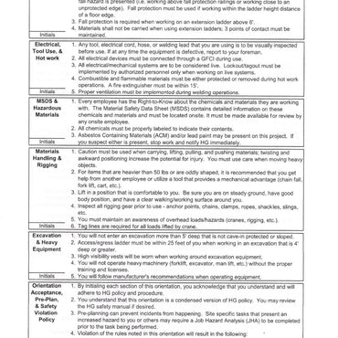 The Go Build Job Site SAFETY ORIENTATION 30 pages provides safety rules and instructions on construction hazards, covering electrical tools, hot work, material handling, excavations, housekeeping, equipment use, and acceptance protocols.