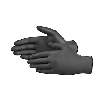 The G FORCE 75015 6mil Large Black Nitrile Gloves (100PK) are shown on a white background with one open hand and the other slightly closed, showcasing their industrial-grade protection, flexibility, and form-fitting design.