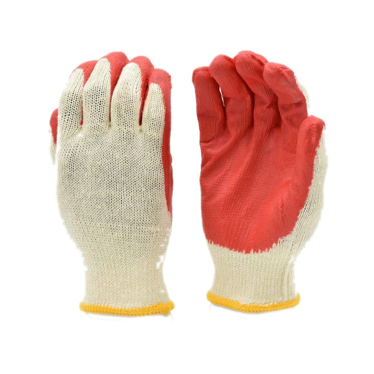 The G-FORCE BG-100 Red Coated Knit Work Gloves have a white knit exterior and bright orange rubber-coated palms and fingers for enhanced grip and durability. One glove displays the palm, the other shows the back, offering excellent protection for tough tasks.