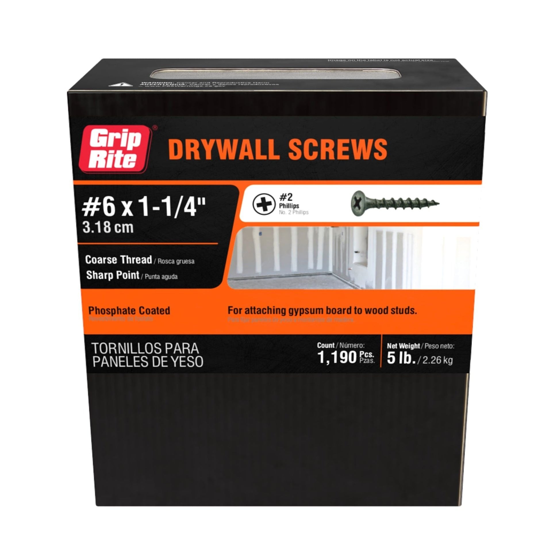 Image of Grip-Rite GRIP-RITE 114CDWS5 drywall screws box, featuring #6 x 1-1/4 screws with coarse thread and sharp point. The box contains 1,190 screws weighing 5 lbs, includes Spanish text on the lower part, and has a black phosphate coating.