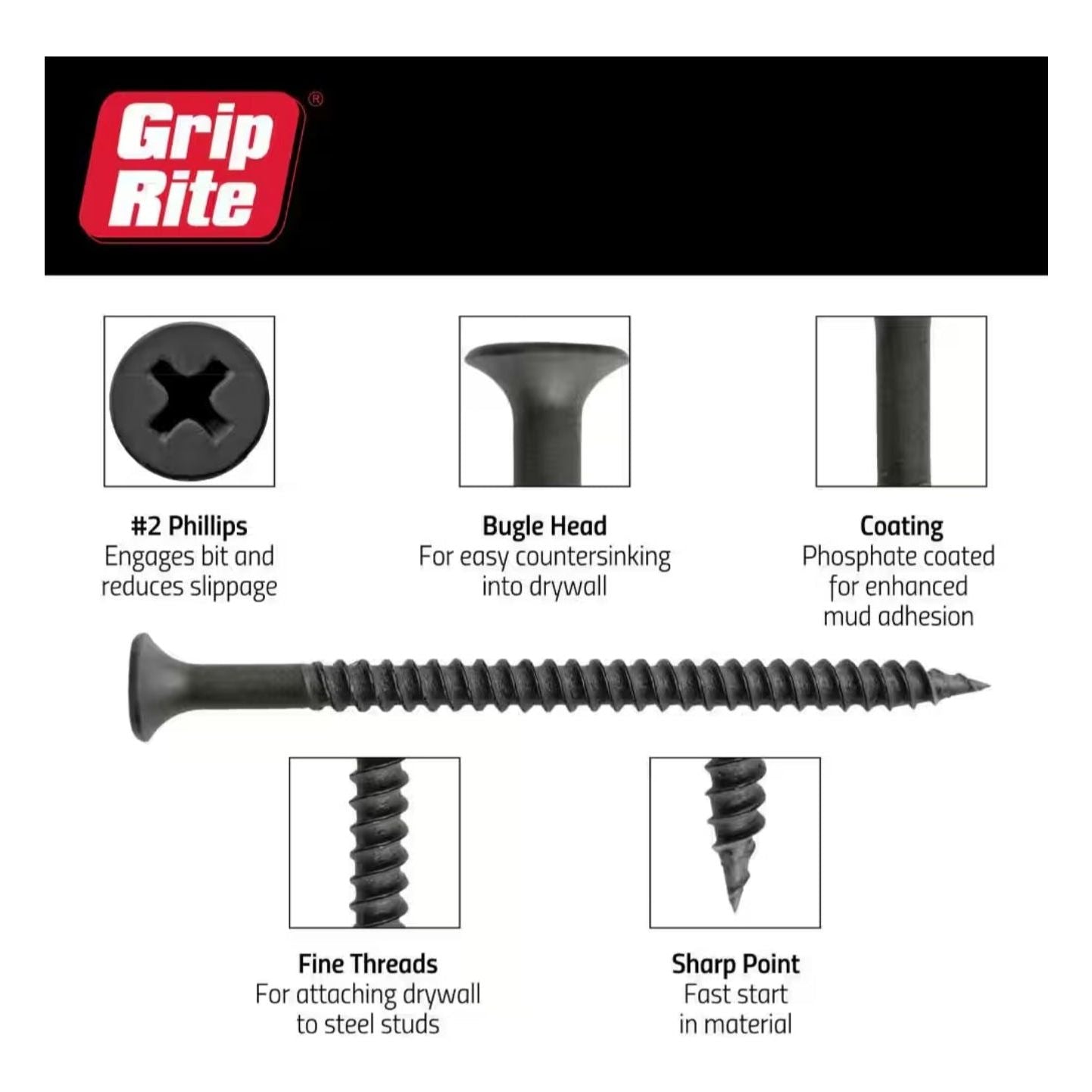 Image of a Grip-Rite 2DWS5 #6 x 2 in. drywall screw featuring: #2 Phillips head to reduce slippage, bugle head for countersinking, black phosphate coating for corrosion resistance, fine thread for metal-to-metal application, and sharp point for easy start, along with Grip-Rite logo.