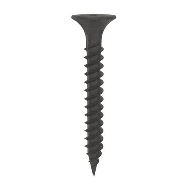 A vertical Grip-Rite #6 x 1-1/4 in. Phillips bugle head drywall screw, fine threaded with a black phosphate coating, is set against a white background.