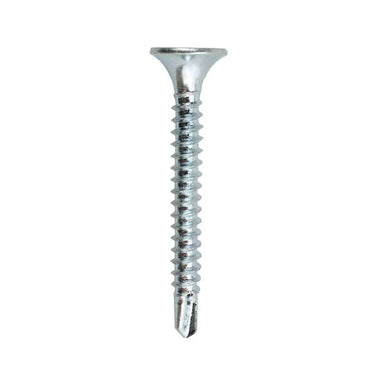 A GRIP-RITE 114ZSDS1 #6 x 1-1/4 in. zinc-plated self-drill drywall screw by Grip-Rite, featuring a bugle head and fine thread, compliant with ASTM C1002 standards, isolated on a white background.