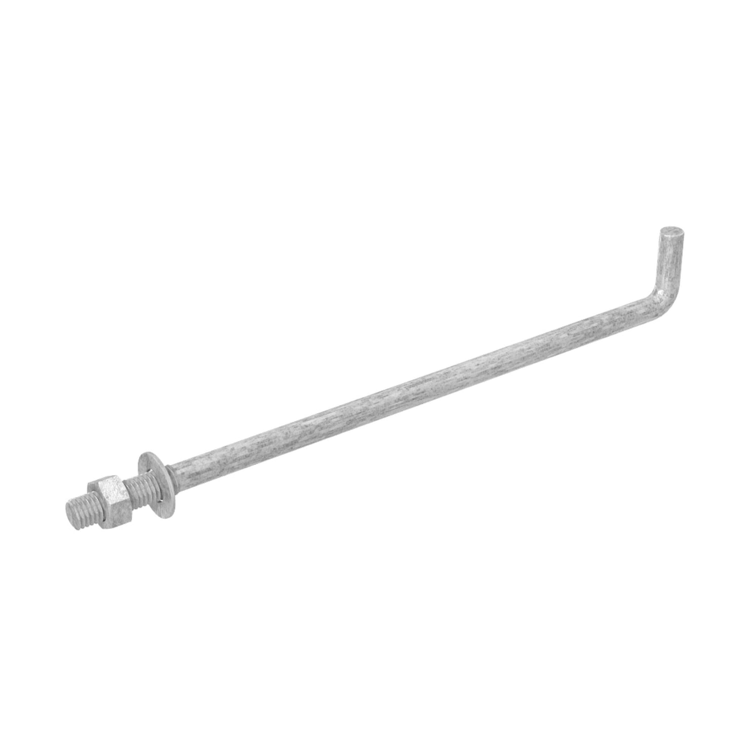 The image shows a Grip-Rite L-shaped 1/2 in. x 12 in. hot-galvanized anchor bolt with a threaded end, nut, and round SAE washer, likely used for assembling structures or securing treated lumber to concrete foundations. The package contains 50 bolts on a plain white background.