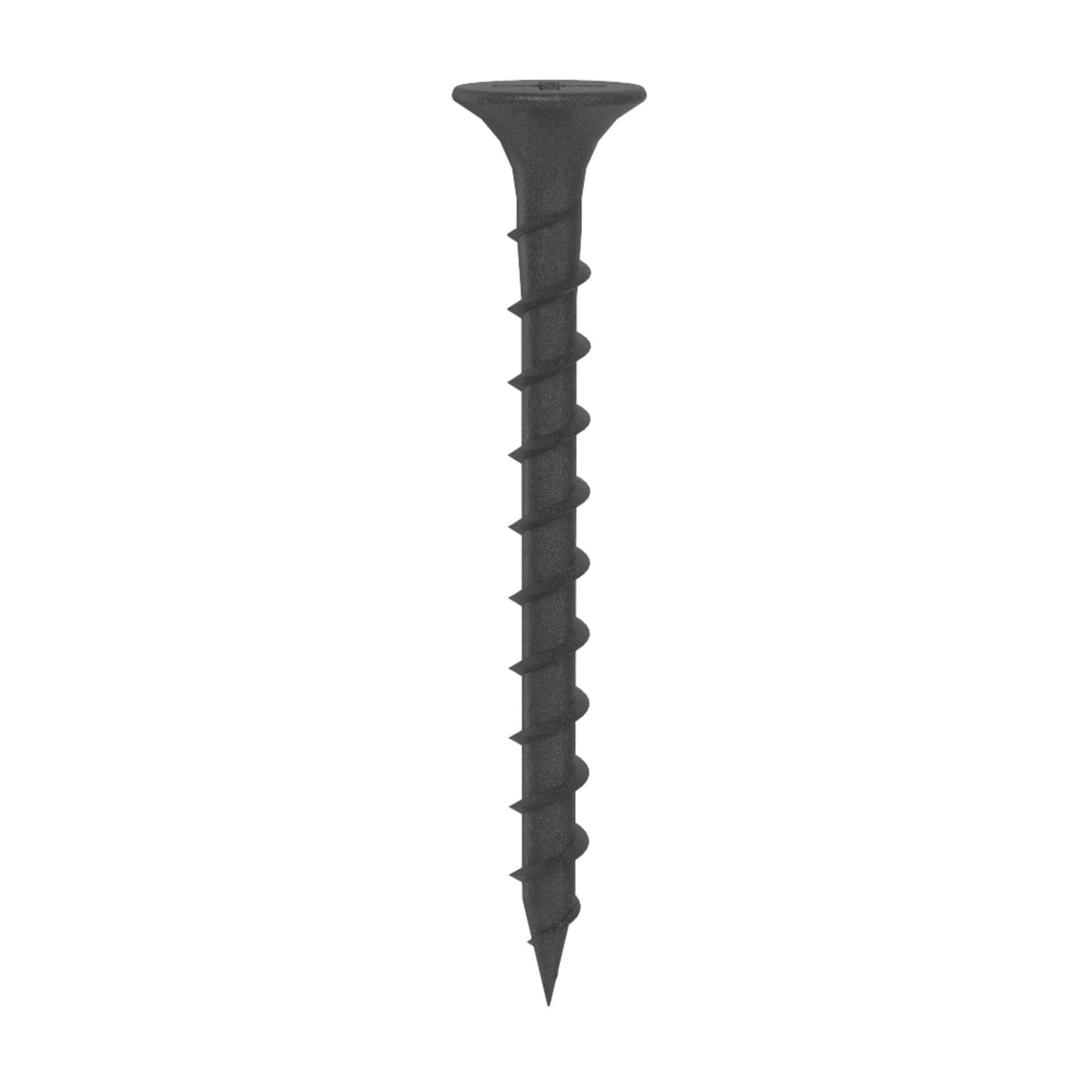 A single Grip-Rite #6 x 1-5/8 in. drywall screw with a Phillips bugle head and coarse threads, coated in black phosphate, stands upright against a plain white background.