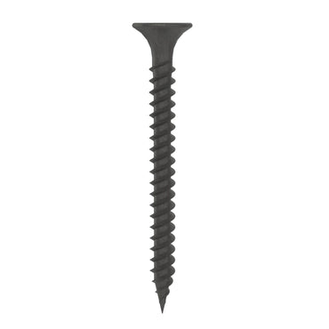 An upright Grip-Rite #6 x 1-5/8 in. drywall screw is shown against a plain white background, highlighting its black phosphate coating, bugle head, fine thread, and #2 Phillips drive.