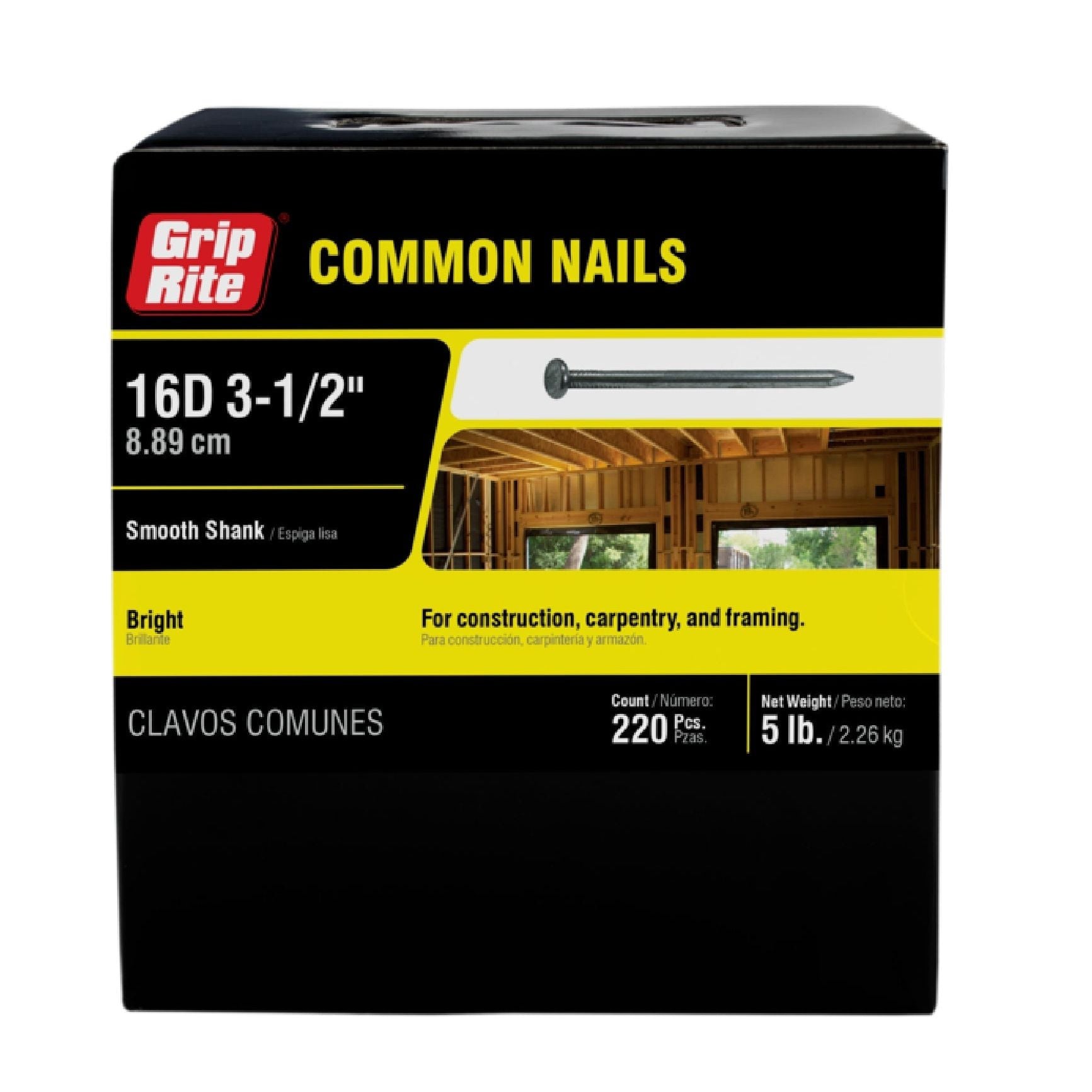 The GRIP-RITE 16C5 #8 x 3-1/2 in. 16D Bright Common Nails by Grip-Rite are ideal for construction, carpentry, and framing. This pack includes 220 nails with smooth shanks, weighing 5 lbs total.