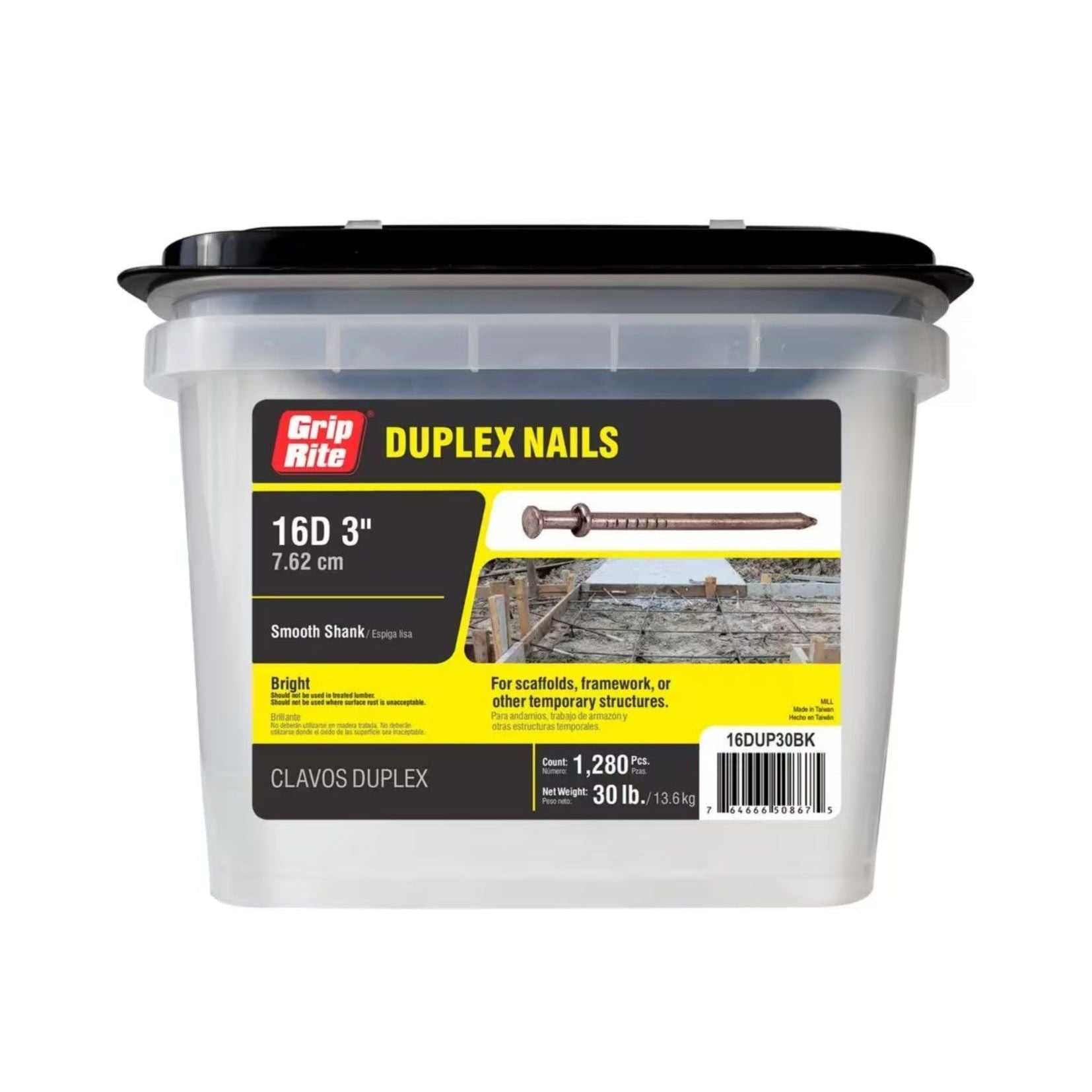A clear plastic container with a black lid labeled GRIP-RITE 16DUP30BK holds #6 x 3 in. 16D Bright Duplex Nails, totaling 30 pounds. The label displays images of the nails with usage instructions in English and Spanish.