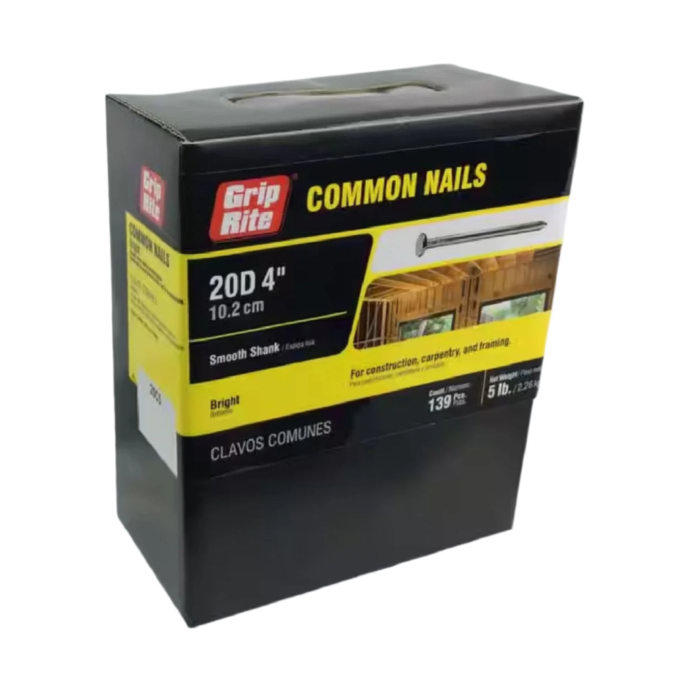 The black Grip-Rite box with yellow accents, labeled 20D 4\ 101.6mm, contains #6 x 4 in. bright common nails made of steel, ideal for carpentry projects. The packaging includes images and bilingual text in English and Spanish, with a pack size of 5 lb./139 nails.