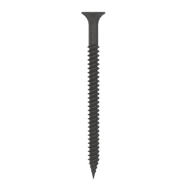 A single Grip-Rite #8 x 2-1/2 black bugle head drywall screw with a pointed tip and a #2 Phillips drive is showcased against a plain white backdrop. Its fine-threaded body is designed for securely fastening materials.