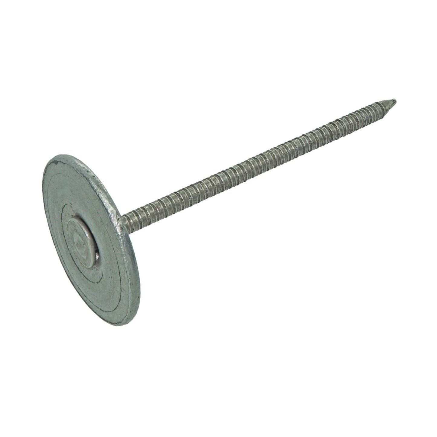 Close-up image of a Grip-Rite #11 x 2-1/2 in. metal roofing nail from the GRIP-RITE 212MRCAP3 pack, featuring a wide round cap and spiraled ring shank, isolated against a white background.