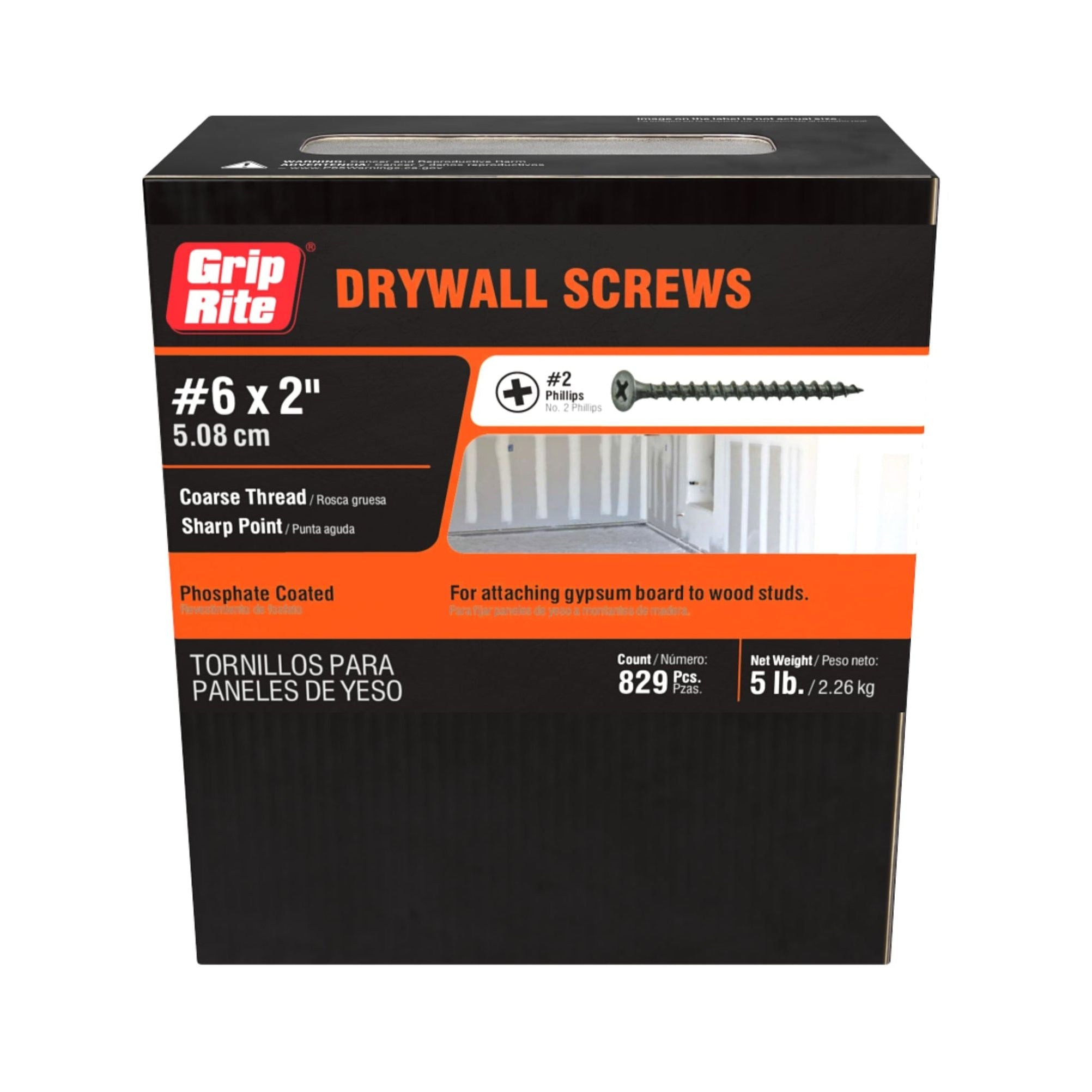 The GRIP-RITE 2CDWS5 #6 x 2 in. drywall screws by Grip-Rite feature a #2 Phillips bugle head, coarse thread, and sharp point for securing gypsum board to wood studs. The 5 lb box contains approximately 829 screws.